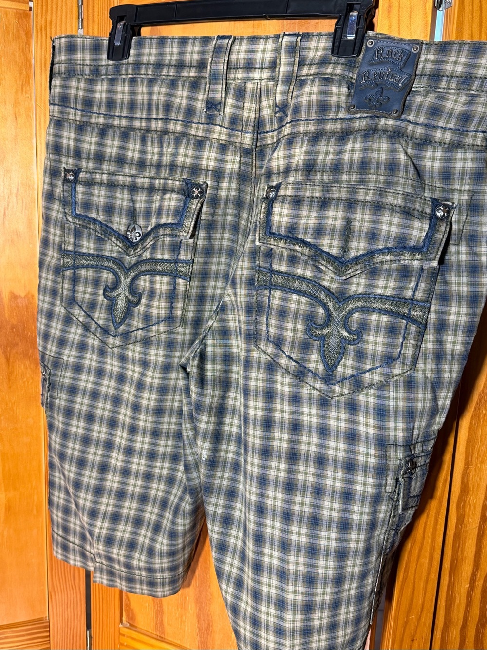 Men’s Rock Revival Plaid Cargo Shorts - Blue Green|Sz 38| Y2K